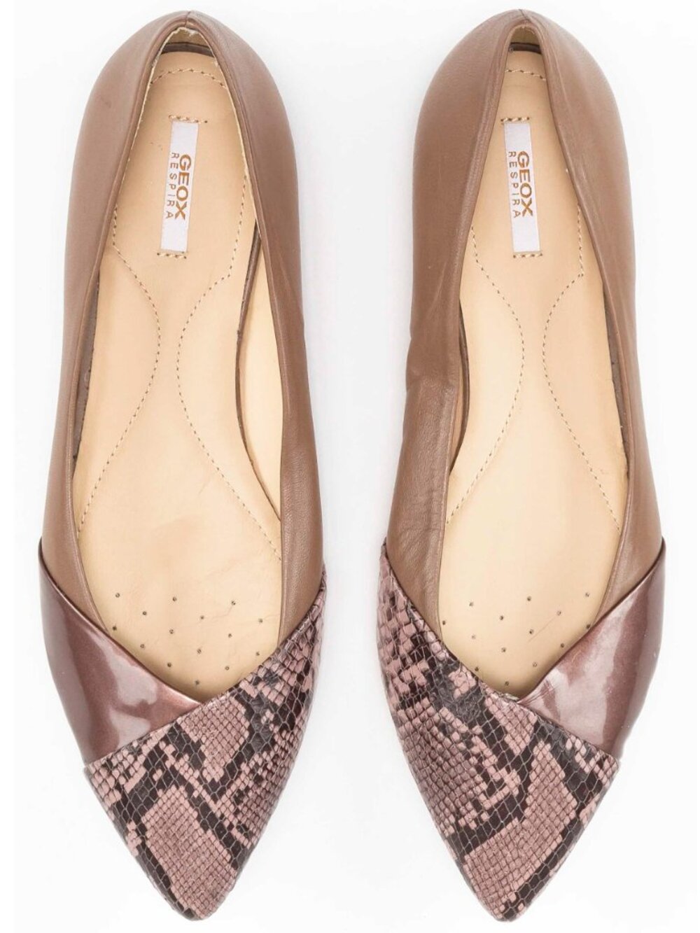 Geox Pespira Womens Pointy Toe Flats Shoes Snake Leather Rose Taupe 37